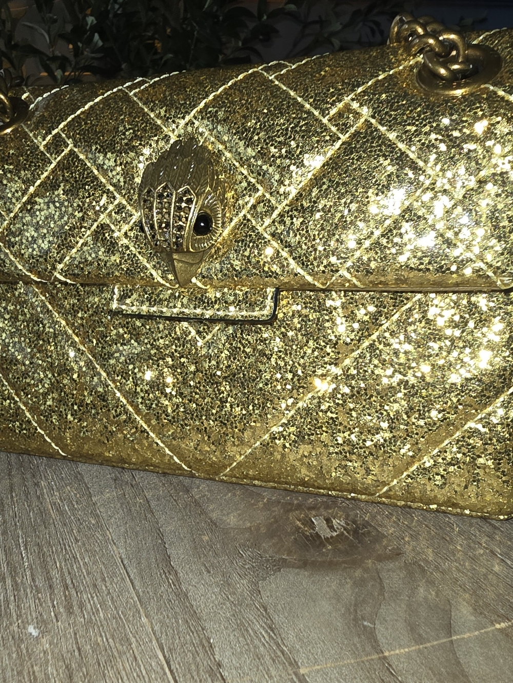 Kurt Geiger Gold Glitter Quilted Clutch with Chain